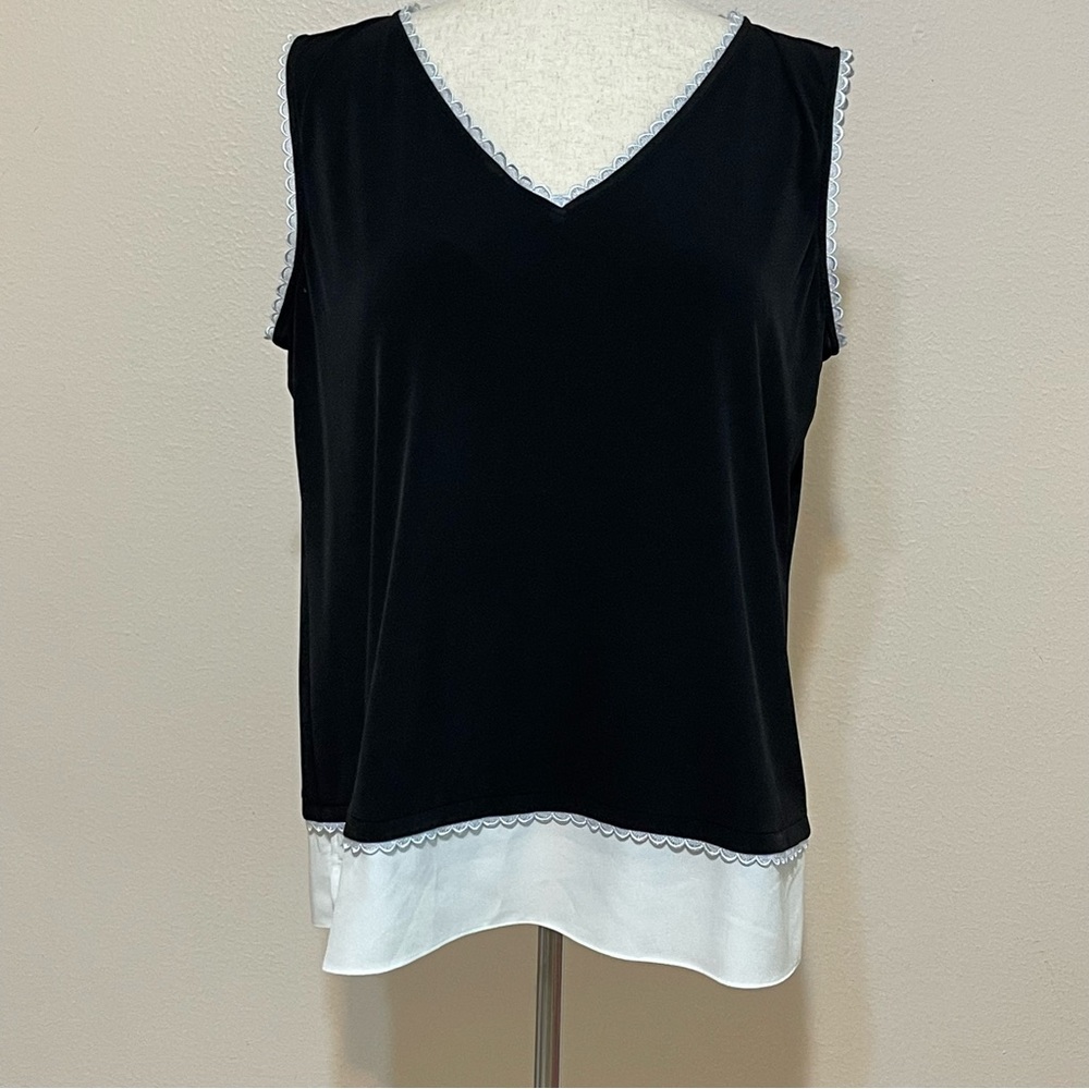 Karl Lagerfeld Paris Sleeveless Top with White Scalloped Eyelet Trim